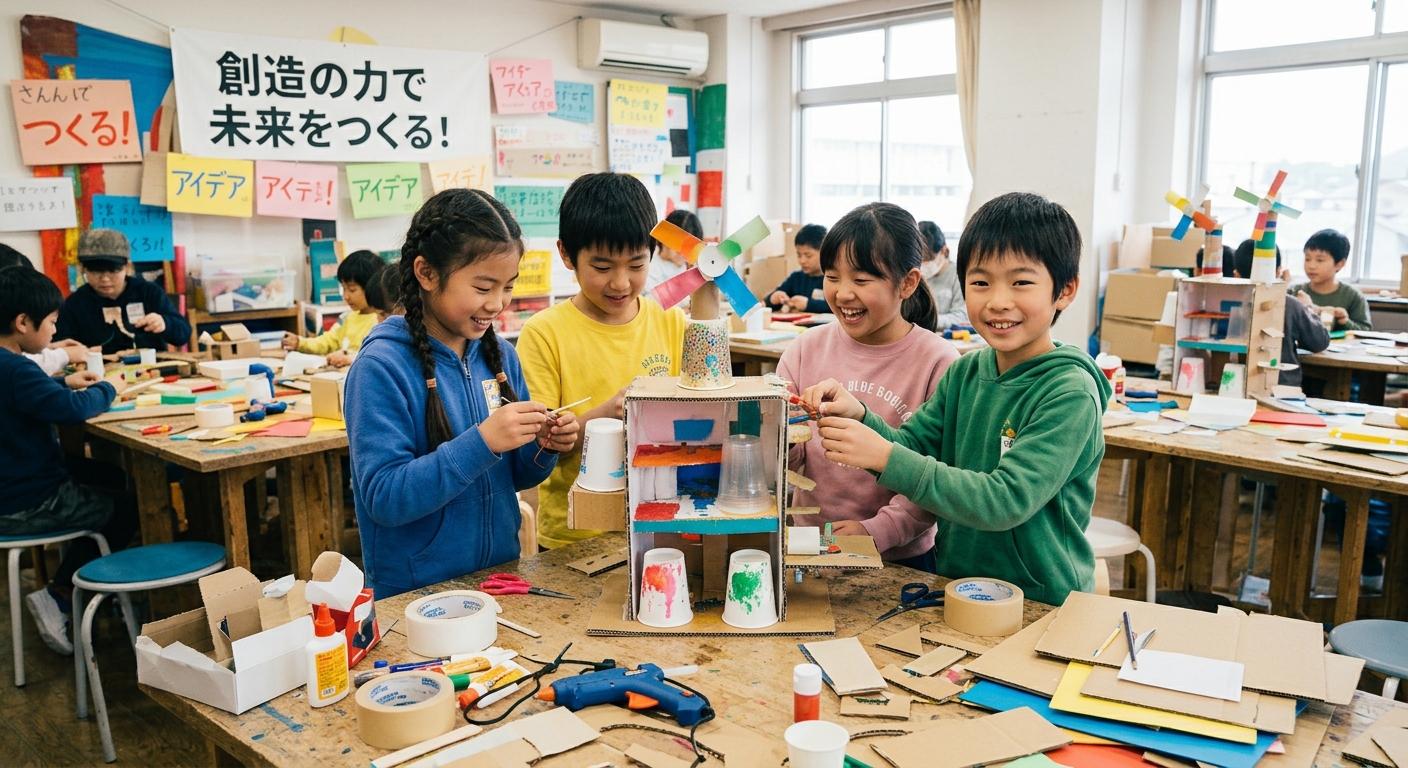 段ボールと紙コップで風車のついた家をつくる子どもたち