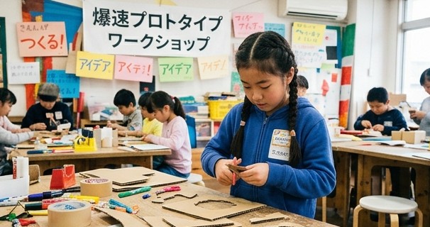 段ボールを切って形をつくる女の子