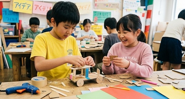 段ボールで車をつくる子どもたち