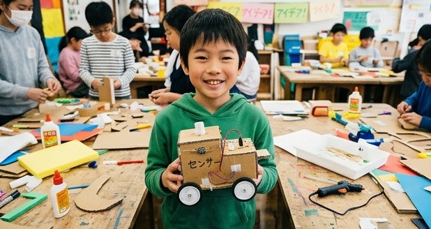 センサーをつけた段ボールの車を見せる男の子