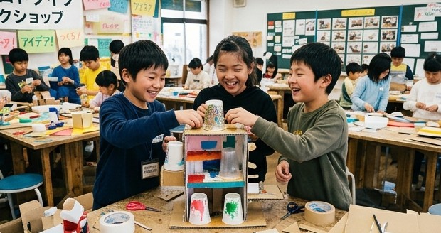 紙コップのタワーを一緒につくる子どもたち